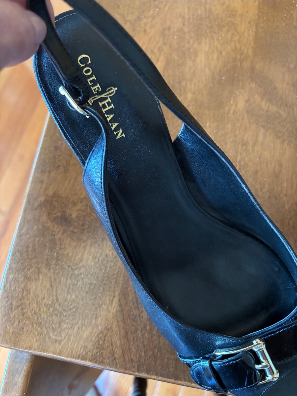 Cole Haan Black Patent Leather Slingback Mules with Gold Buckle Accent NIKEAIR - Picture 2 of 4